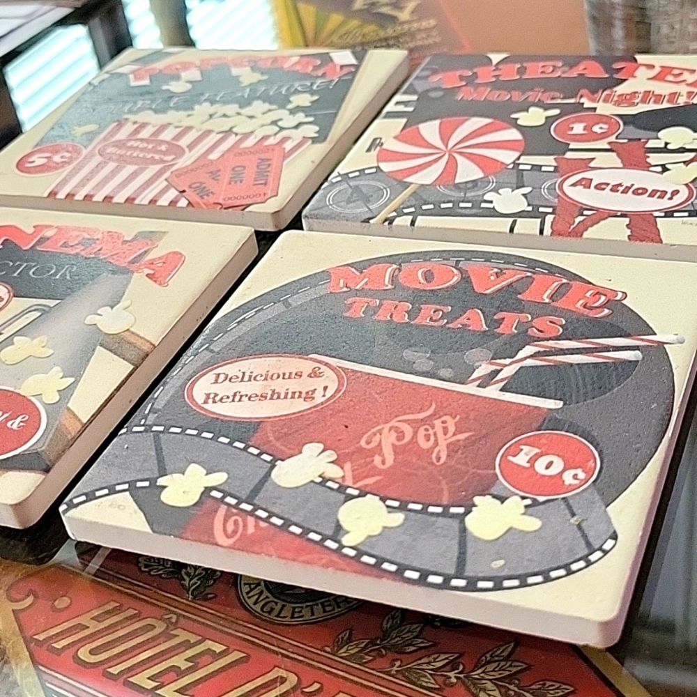 Retro Vintage Style Movie Night Ceramic Coaster Set (4-piece set) - Picture 3 of 4
